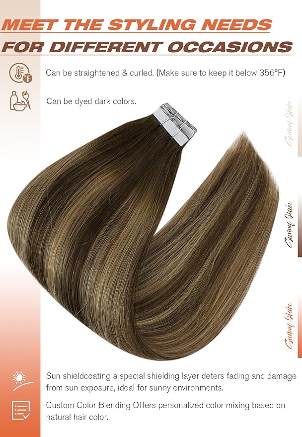 Sunny Hair Tape in Extensions for Women Real Hair 20 inch 100g Tape in Hair Extensions Human Hair Dark Brown Balayage Caramel Blonde Hair Extensions Tape in 40Pcs