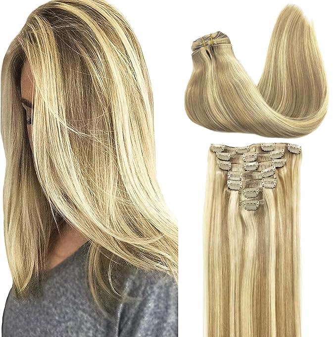 GOO GOO Clip in Hair Extensions Real Human Hair, Remy Human Hair Extensions Clip ins for Women, Natural Human Hair, 20inch 120g 7Pcs, 16/22 Light Blonde Highlighted Golden Blonde