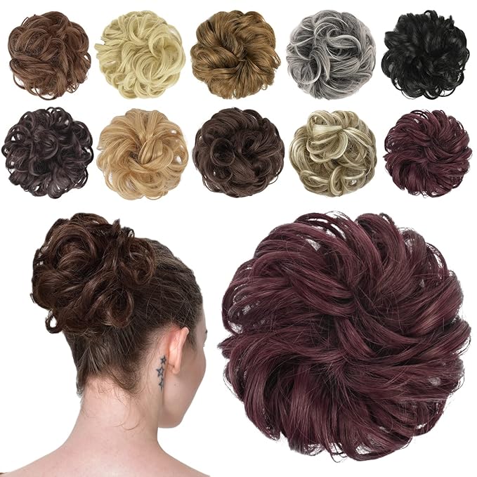 FESHFEN Messy Bun Hair Piece - Elastic Wavy Curly Hair Bun Scrunchies Extensions Synthetic Chignon Hairpieces for Women Girls, Wine Red 1.5 oz