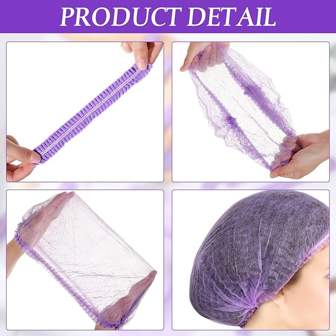 100 Pcs Disposable Nonwoven Bouffant Caps 21 Inch Hair Net Elastic Cap Hair Cover Hats for Beauty Salon Hospital Spa Catering Dust-free Workspace(Purple)