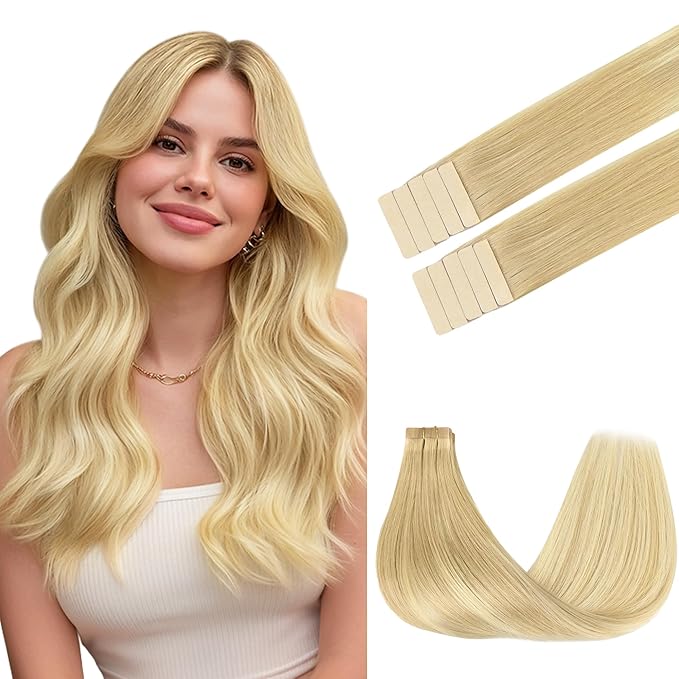 GOO GOO Tape in Hair Extensions Human Hair, 18AT60A Pearl Ash Blonde Highlights, 20inch 50g 20pcs, Skin Weft Seamless Invisible, Silky Straight with Thick Ends, Remy Human Hair