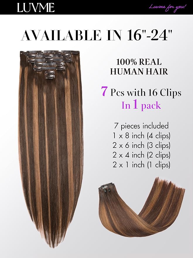 LUVME Straight Seamless 110g 7Pcs Clip in Hair Extensions Full Max with 18inch Remy Human Hair Extensions, Highlight Color 100% Real Soft