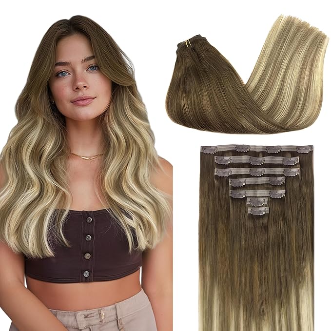 GOO GOO Clip in Hair Extensions Real Human Hair, Remy Human Hair Extensions Clip ins for Women, Natural Human Hair, 18inch 110g 7Pcs, 3/8/613 Balayage Walnut Brown to Ash Brown and Bleach Blonde