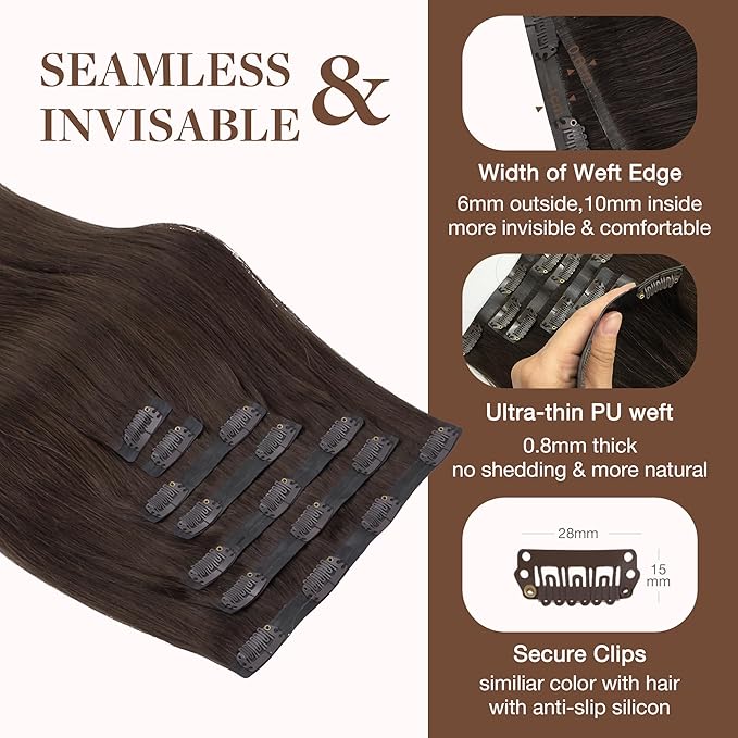 GOO GOO Clip in Hair Extensions Real Human Hair, Remy Human Hair Extensions Clip ins for Women, Natural Human Hair, 24inch 140g 7Pcs, #2A Light Brown