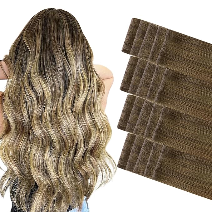 GOO GOO Invisi Edge Tape in Hair Extensions Human Hair, 3/8/613 Walnut Brown to Ash Brown and Bleach Blonde 20pcs 14inch 50g, Virgin Remy Hair, Seamless Injected Tape, Natural Look
