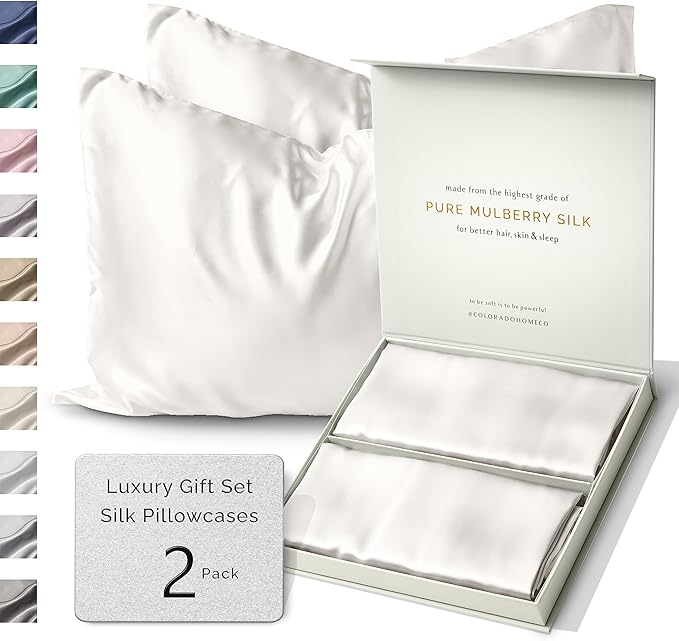 SUNDAYSILKS™ | Silk Pillow Cases 2 PACK | 22 Momme Mulberry Silk Pillowcase Set of 2 | All Sides 100% Pure Silk Slip Pillowcases Bliss for Couples with Zipper, 6A Standard Queen, King Size [Off White]