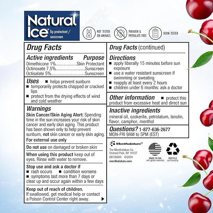 Mentholatum Natural Ice Cherry Flavor Medicated Lip Balm, Hydrating Lip Care for Dry, Chapped Lips, Moisturizing Formula with SPF 15 Helps Prevent Sunburn, Protection for Smooth, Soft Lips 48 Count