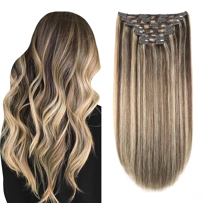 XDhair Clip in Extensions Human Hair 22 Inch 160g 7pcs Chocolate Brown to Caramel Blond Clip in Hair Extensions Real Human Hair for Women #4p27/22 inch