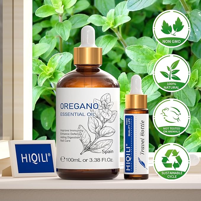 HIQILI 100 ML Oregano Essential Oil, 100% Pure Natural Oregano Oil for Diffuser, Skin, Cleaning - 3.38 Fl Oz