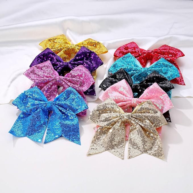 Large Glitter Cheer Bows Clips, Jumbo Big 7 Inch Cheerleading Sequin Hair Bow Hair Accessories for Teens Girls Football Sports Cheerleader Outfit Uniform (Light Purple)