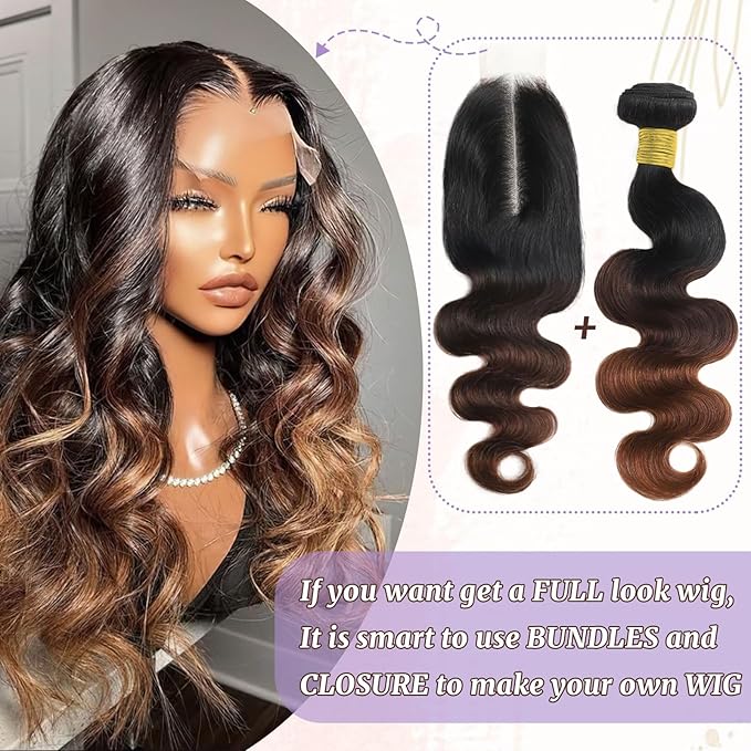 Chestnut Brown Ombre 2x6 HD Lace Closure Body wave 3 Tone Ombre Medium Auburn Colored T1B/2/30 2x6 Transparent Lace Closure 100% Virgin Human Hair 150% Density 12 Inch
