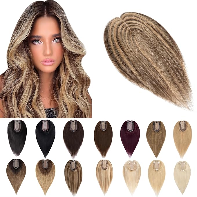 SEGO Human Hair Toppers for Women With Thinning Hair, 7 * 13CM Silk Base 100% Real Human Hair Clip in Top Wiglet Hairpieces /6 Inch No Bangs Medium Brown&Dark Blonde