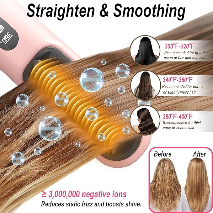 Hair Brush Straightener Cordless, Straightening Comb for Women with 300 Million Negative Ions, 6 Temps 30s Fast Heating, 10000mAh Rechargeable Battery, Portable Travel Frizz-Free, On-The-Go Styling