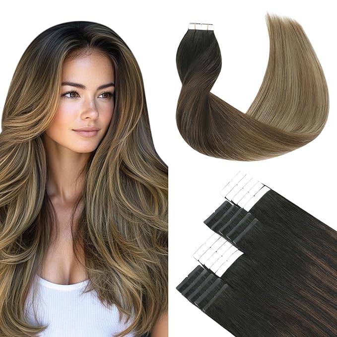 SURNEL Tape in Hair Extensions Human Hair 18inch Natural Black to Chocolate Brown and Caramel Blonde Tape in Hair Extensions 20pcs 50g(#1B/4/27-18)
