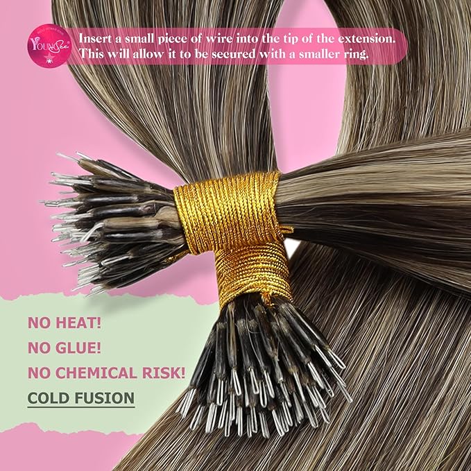 YoungSee Invisible Nano Rings Hair Extensions Dark Brown with Caramel Blonde Pre Bonded Nano Human Hair Extensions Highlight Brown Human Hair Nano Extension Silky Straight 16inch 50grams 50strands