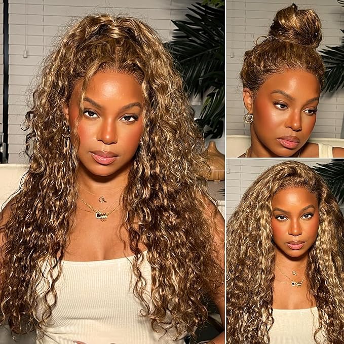 Hidden Strap Deep Wave 360 Lace Front Wigs Human Hair Highlight Ombre full lace Deep Curly Honey Blonde 4/27 Human Hair Wig with invisible drawstring Ombre 360 Glueless Wigs Human Hair 30 Inch