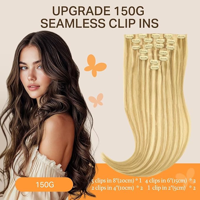 DOORES Clip in Hair Extensions Real Human Hair - DirtyBlonde Highlight Golden Blonde 160g 7pcs 24 Inch, Invisible Edge Natural Straight