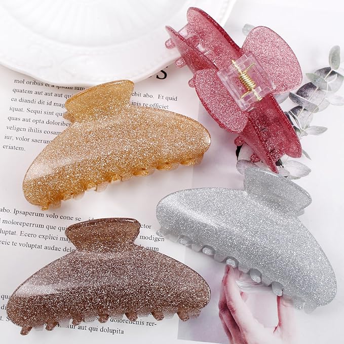 4 Pack Large Acrylic Hair Claw Clips for Women, Cute Shiny Glitter Claw Clips for Thick Hair, Strong Hold Non-Slip Barrettes Clips Ideal Gift for Girls