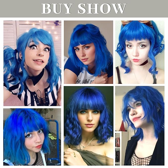 FAELBATY Bright Blue Short Wavy Wig Short Dark Blue Wigs With Air Bangs Shoulder Length Wig For Women Curly Wavy Synthetic Wig Halloween Cosplay Wig for Girls Costume Wigs (12" Bright Blue)