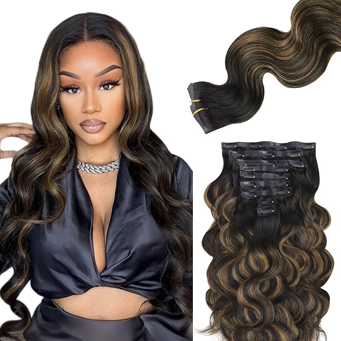 Lashey Seamless Clip in Hair Extensions Human Hair 130g 9pcs 16 Inch Body Wave Natural Black Mixed Chestnut Brown Clip in Hair Extensions for Women