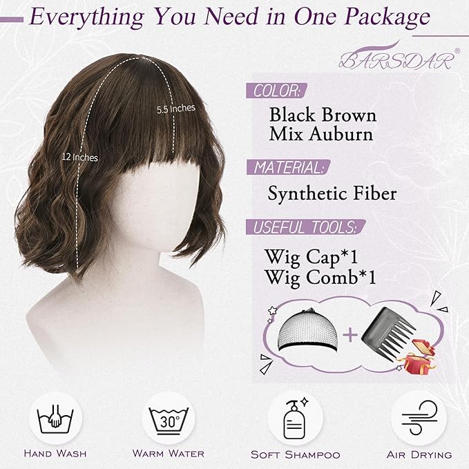 BARSDAR Short Wavy Wig with Bangs - Short Wavy Brown Blonde Highlights Wig for Women - Fluffy Soft Synthetic Curly Textured French Bob Wigs with Bangs Natural Looking Face-Framing Daily
