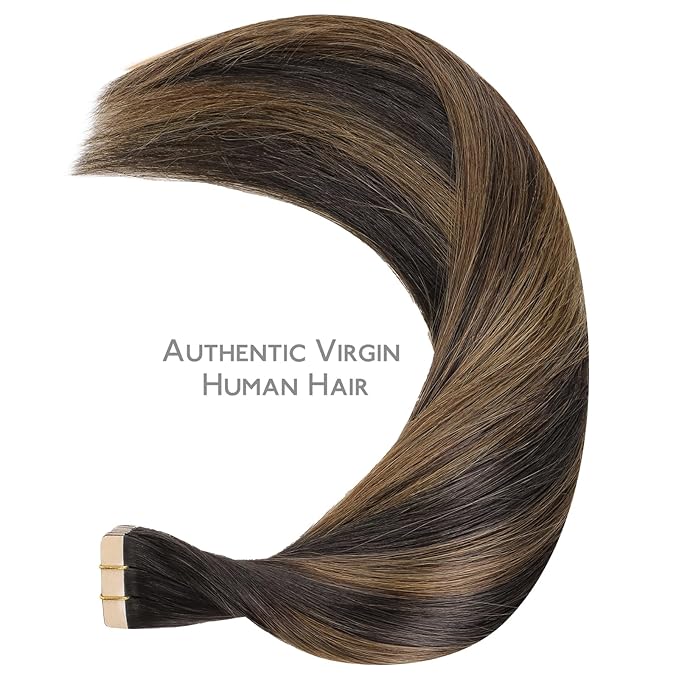 WENNALIFE Tape in Hair Extensions Human Hair Balayage Dark Brown Mixed Chestnut Brown Tape in Extensions, 10pcs 25g 16 inch Remy Invisible Tape Ins Straight Soft Real Human Hair Tape in Extensions