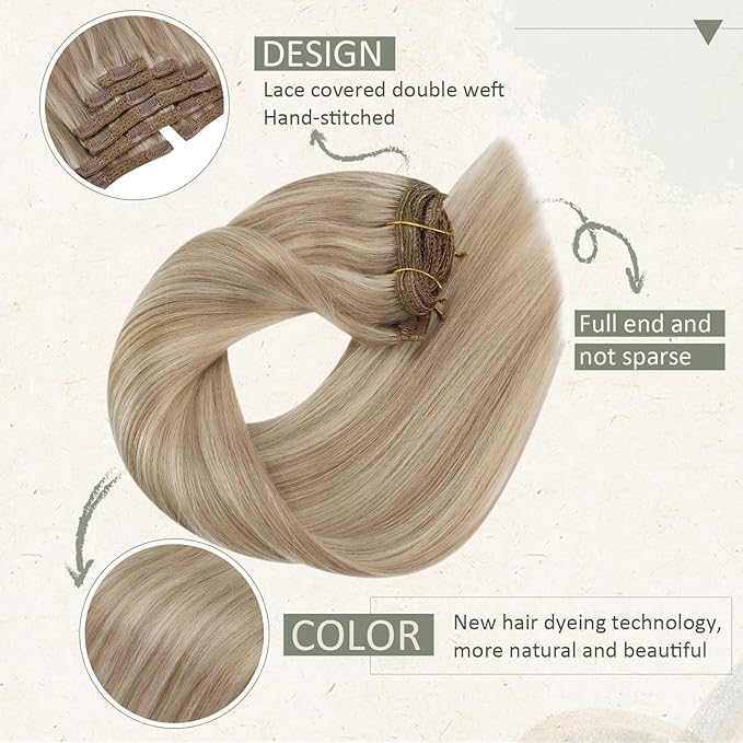 Ve Sunny Clip in Extensions Human Hair Double Weft Hair Extensions Blonde Highlight for Women Warm Color Clip in Hair Extensions Real Human Hair Full Head 120g 20inch