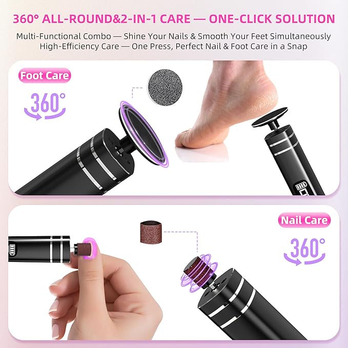 2 in 1 Electric Foot Callus Remover,9 Adjustable Speeds Rechargeable Electric Dead Skin Sander Pedicure Tools with Sandpaper Disk and Nail Drill Bits,Grinding Heads for Women&Men