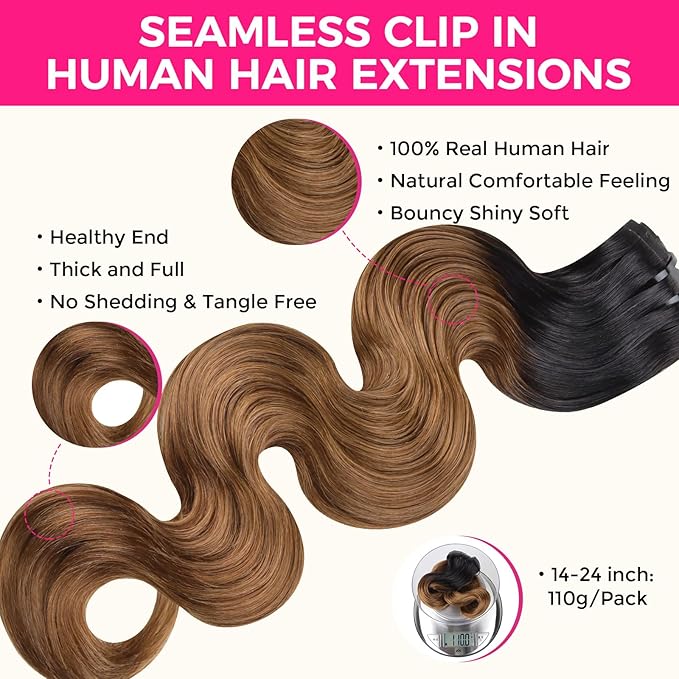 Lashey Seamless Clip in Hair Extensions Human Hair Ombre Natural Black to Medium Auburn 110g 7pcs 22 Inch Clip in Hair Extensions for Women Body Wave Remy Human Hair Extensions