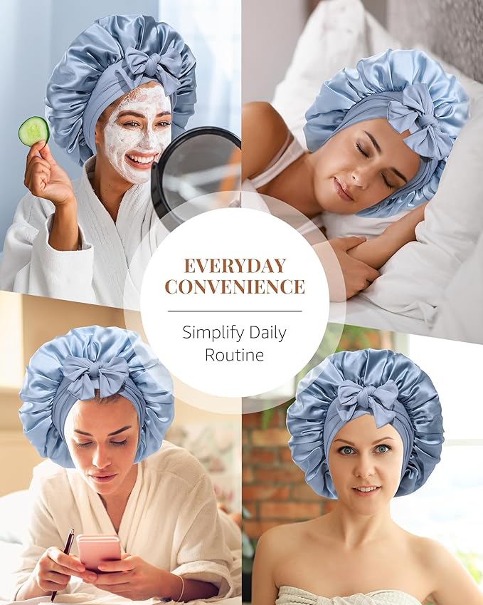 AWAYTR Silk Bonnet for Sleeping Women 100% Mulberry Silk Bonnet with Band 2 Layer Reversible Hair Bonnet Sleeping Hair Wrap (Silk, Haze blue/Sky blue)