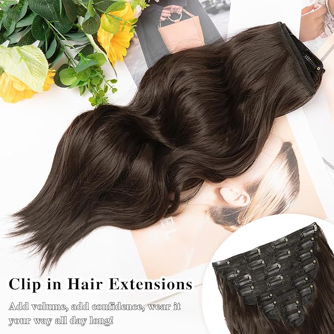 Hair Extensions for Women, 8PCS 16 Inch Dark Brown Clip in Hair Extensions, Synthetic Long Wavy Hairpieces for Women Full Head Thick