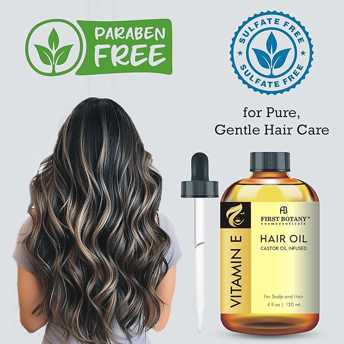 First Botany Vitamin E Castor Oil Encourages Hair Growth, Scalp & Hair Strengthening Serum, Nourishing Treatment for Split Ends, Dry Scalp, Safe for All Hair Types, 4 fl oz