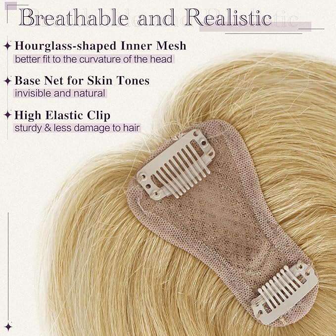 RUWISS Hair Toppers for Women Real Human Hair - Lightweight Clip-in Hair Piece for Thinning Hair, Fluffy Straight Hair Topper without/with Bangs, Golden Blonde Mixed Bleach Blond