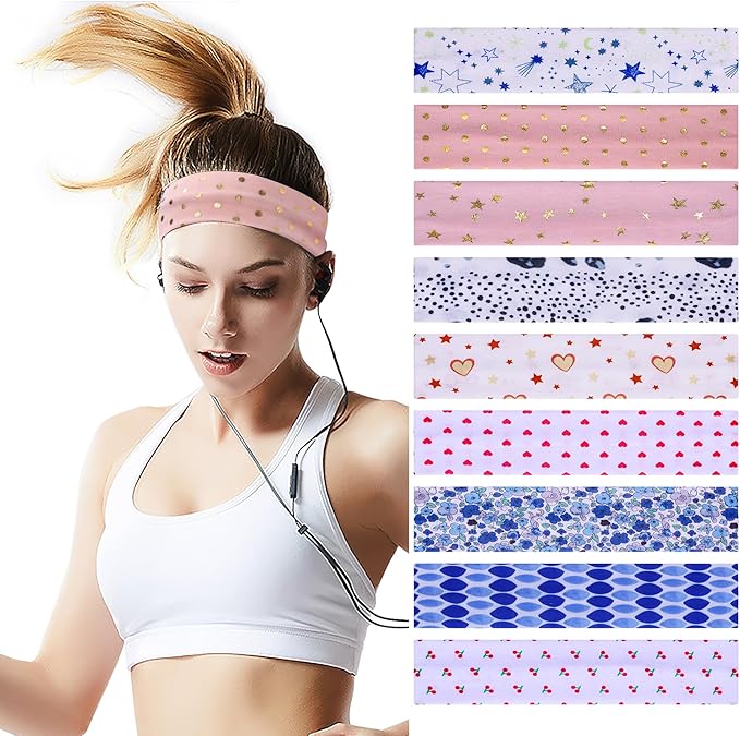 Workout Headbands for Women Hair 9 Pcs Non Slip Cotton Like Head Bands for Girls 2.5 inch Wide Soft Elastic Cloth Athletic Sweat Hair Women Bands