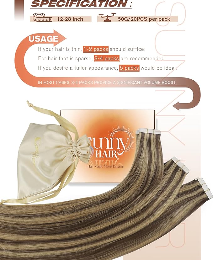 Sunny Hair Tape in Hair Extensions Real Human Hair Invisible Remy Hair Extensions Tape ins for Women Dark Brown Highlight Caramel Blonde 16 inch 20Pcs 50G