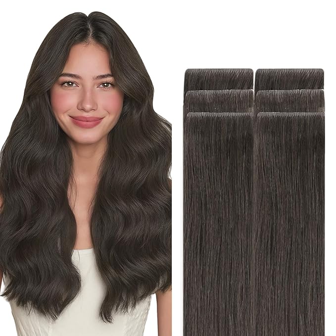 GOO GOO Invisi Edge Tape in Hair Extensions Human Hair, 1C Mocha Brown, 6pcs 20inch 18g, Virgin Remy Hair, Seamless Injected Tape, Natural Look