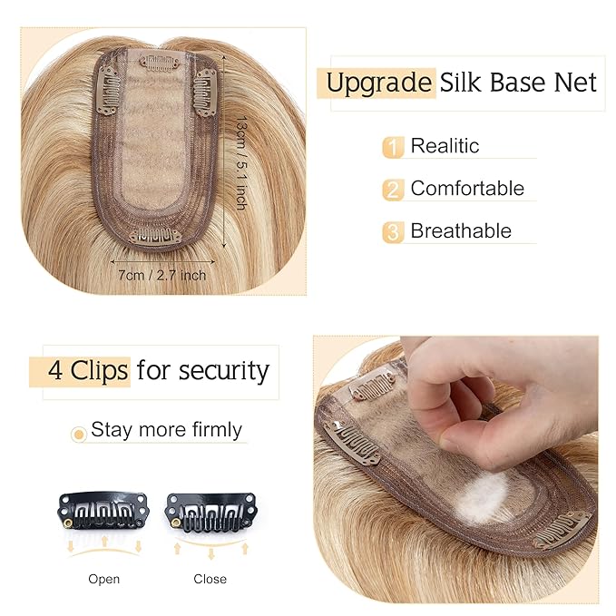 SEGO Human Hair Toppers for Women With Thinning Hair, 7 * 13CM Silk Base 100% Real Human Hair Clip in Top Wiglet Hairpieces -6 Inch No Bangs Golden Brown&Bleach Blonde