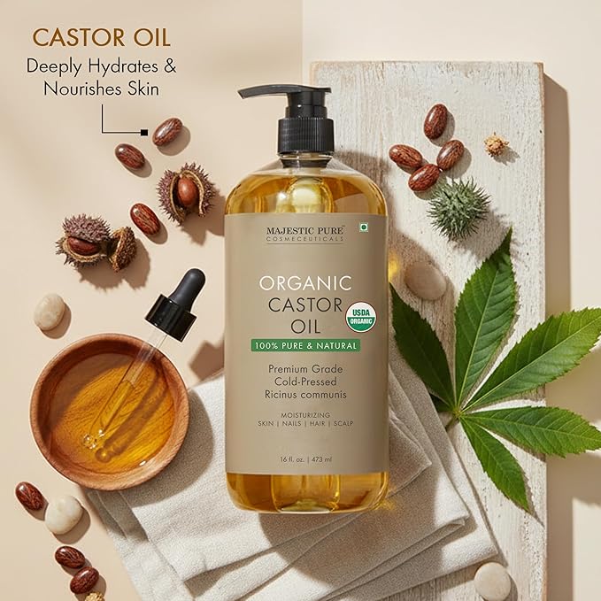 Majestic Pure Organic Castor Oil 16 Fl Oz - 100% Pure and Natural - Premium Grade Carrier Oil - Hair, Eyelashes and Eyebrows - Hair Oil and Body Oil - Expeller Pressed - Hexane Free