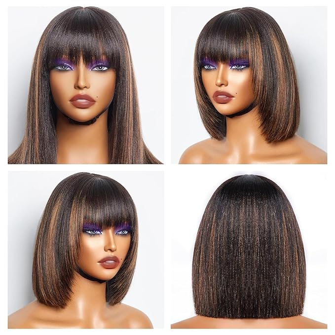 Bob Wig Human Hair with Bangs Glueless 2.5x1 HD Lace Colsure Wigs Human, Bob Wig with Brown Highlights, Wear to Go Short Wigs For Women Beginner Friendly 12 Inch