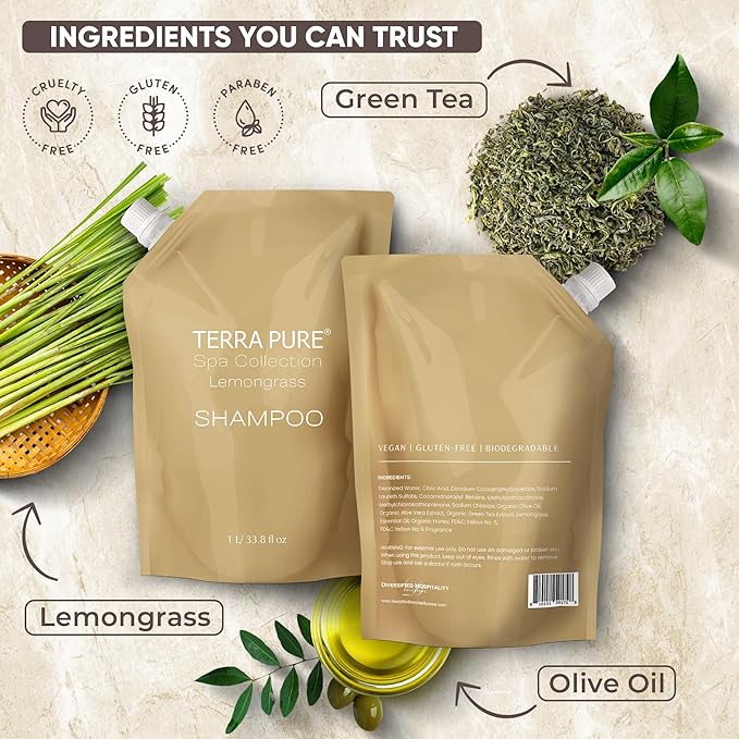 Terra Pure Spa Collection 1 Liter Conditioner Refill Bag For Soap Dispensers | Bulk Toiletries for Vacation Rentals, and Home Bathroom Showers | Green Tea Lemongrass | Single