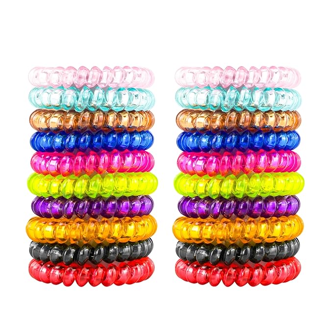 79STYLE 50pcs Spiral Hair Ties For Women Phone Cord Ponytail Holders Colorful Hair Coils Plastic Scrunchies Bulk Hair Ties Coil Hair Bands Bracelets For Grils (Crystal10 Colors -Large Size)