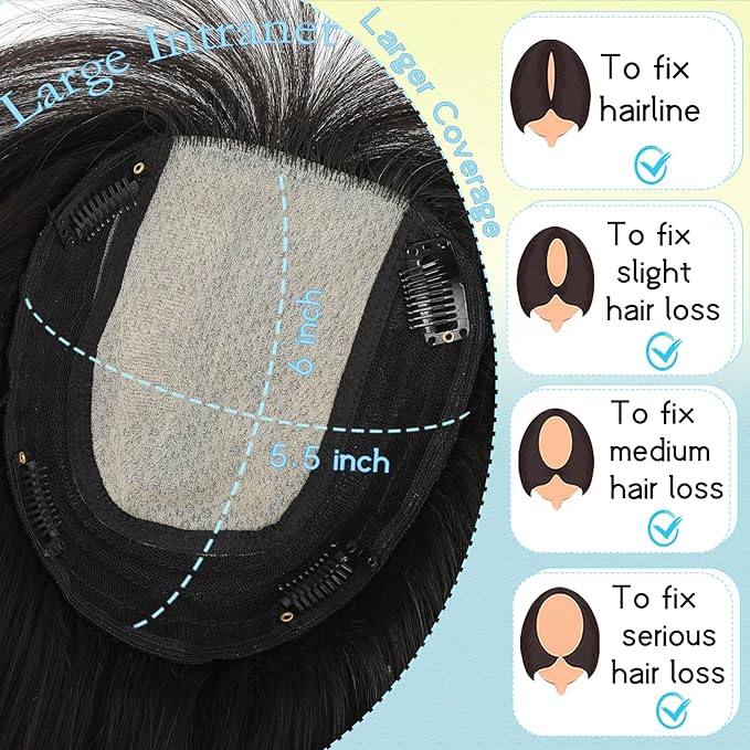 Hair Toppers for Women Real Human Hair, 360° 3D Toppers Pieces for Women with Thinning Crown Wispy Bangs 14 Inch Upgrade Big Basement (Black, 14 Inch Wispy Bangs)
