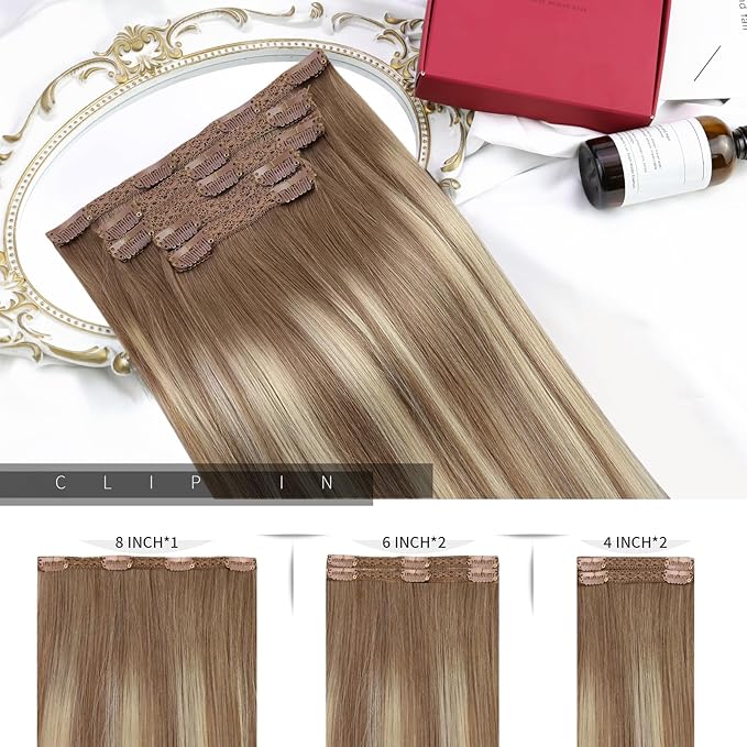 Moresoo Blonde Ombre Clip in Hair Extensions Real Human Hair Short Balayage Light Brown to Golden Blonde with Light Brown Clip in Extensions for Straight 80g/5pcs 10 inch