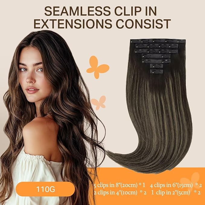 DOORES Hair Extensions Clip ins, Balayage Natural Black to Light Blonde 7pcs 14 Inch 110g, Seamless Clip in Hair Extensions Remy Thick Straight Invisi Edge Weft