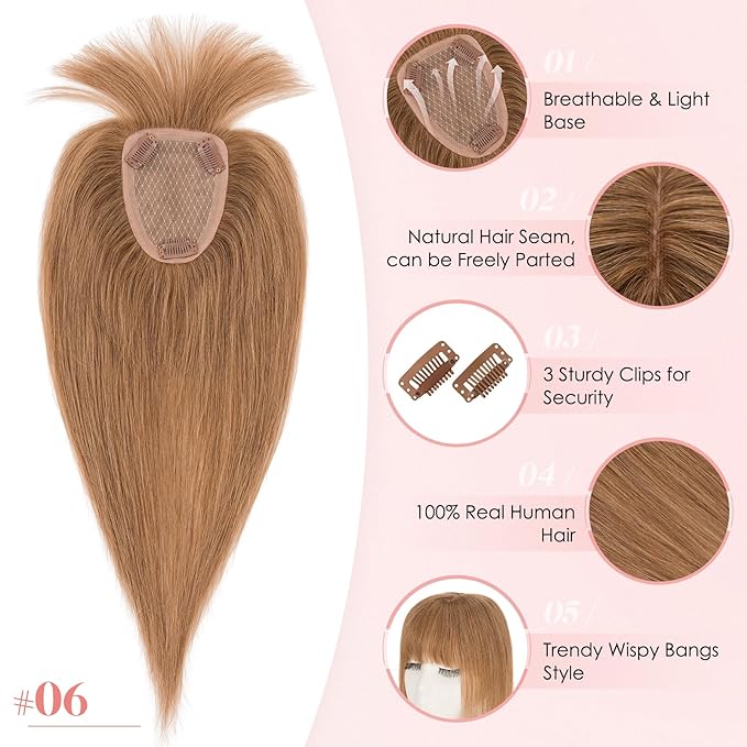 Hairro Human Hair Toppers with Wispy Bangs, 3.5x4.7" Hand-wovened Base for Women with Thinning Hair, Lightweight & Breathable Realistic Scalp, Clip-in Hairpieces for Easy Wear, 12 Inch Blondish Brown