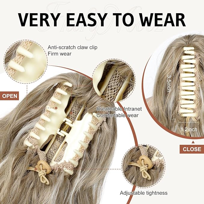 FLUFYMOOZ Ponytail Extension, 18 Inch Claw Clip Ponytail Extension, Wavy Curly Claw Clip in Ponytail Hair Extensions, Natural Ponytail Synthetic Hairpiece for Women (Ash Brown with Blonde Highlights)