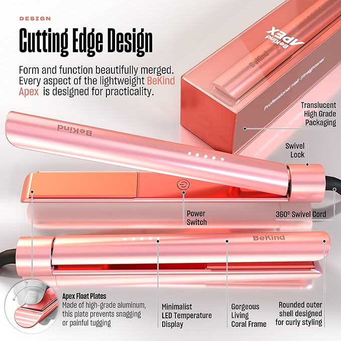 Bekind Apex 2-in-1 Hair Straightener Flat Iron | 1“ 460°F Straightener and Curler for All Hairstyles | UltraSmooth Tech | 15s Fast Heating & Temp Memory | Gift Set for Girls Women (Apex Peach)