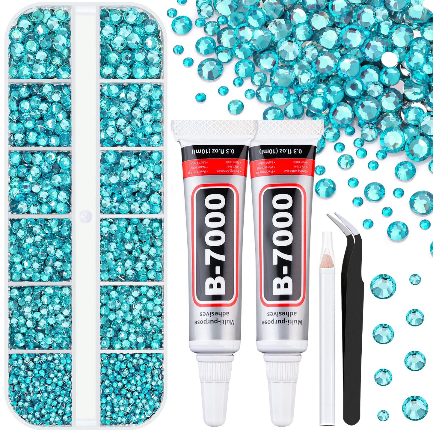 6100Pcs Resin Rhinestones for Crafting with 2Pcs 10ml B7000 Jewelry Glue, 1 Box Flatback Crystals Diamond (Teal Blue) for Bedazzling Crafts DIY Nail Art，Non Hotfix Gems for Clothing Shoes Tumblers