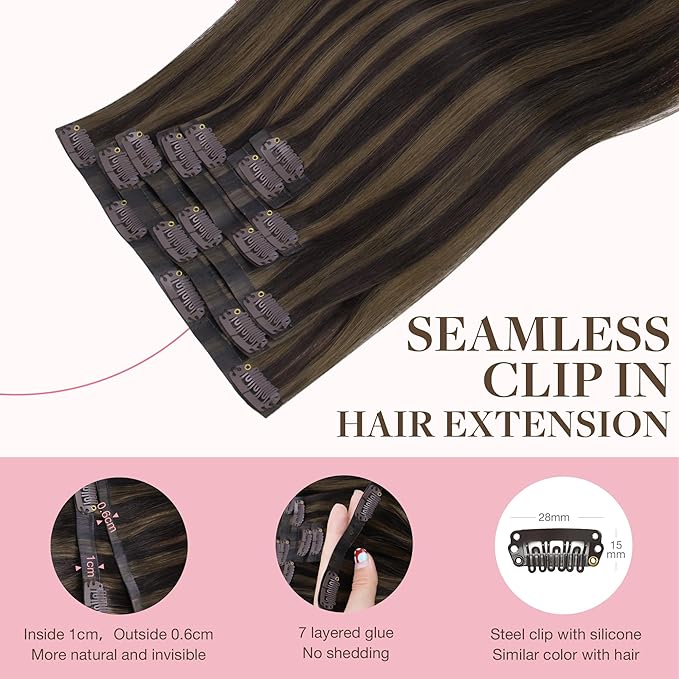 GOO GOO Clip in Hair Extensions Real Human Hair, Remy Human Hair Extensions Clip ins for Women, Natural Human Hair, 18inch 110g 7 Pcs, #2/6 Dark Brown Highlighted Chestnut Brown