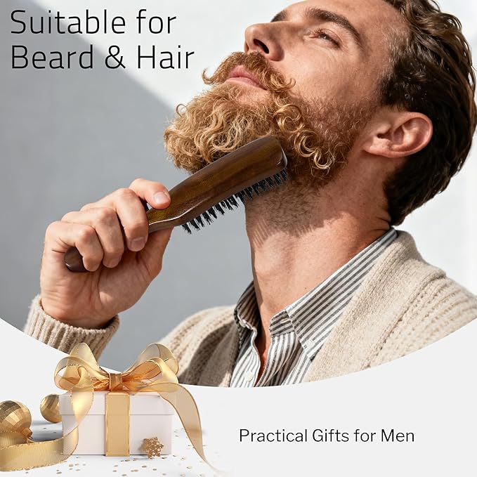 Nylon Hair Brush for Men, Mens Slick Back Hair Brush with Stiff Bristles & Wooden Walnut Handle for Thick & Fine Hair Smoothing, Detangling, Styling, Beard Straightens